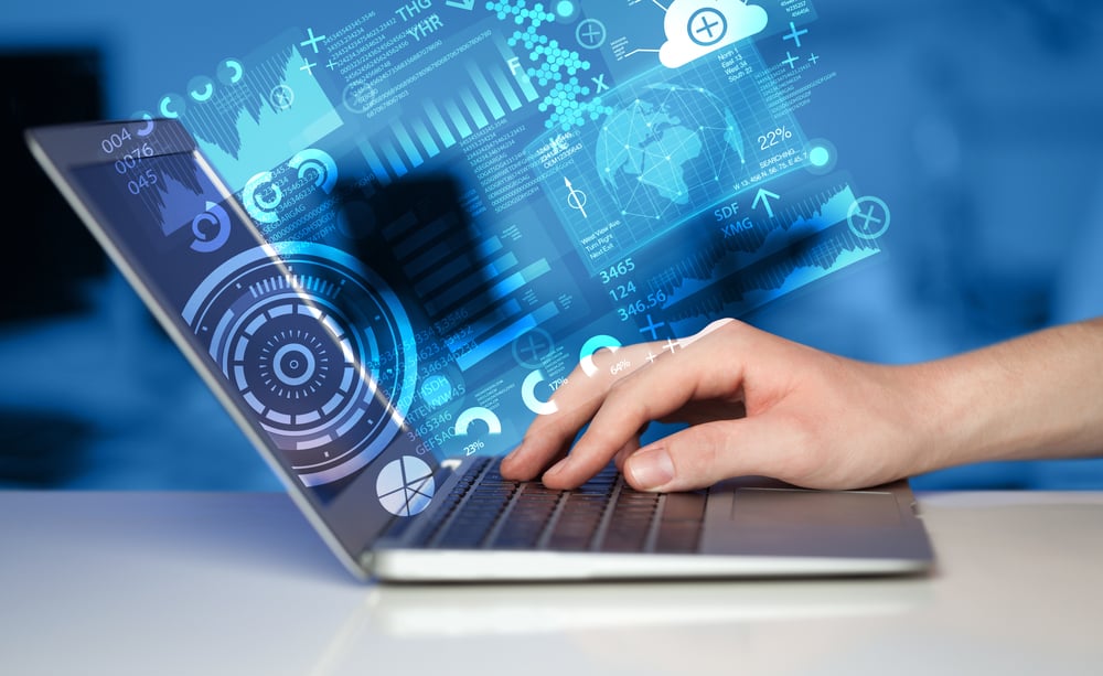 Modern notebook computer with future technology media symbols Modern notebook computer with future technology media symbols