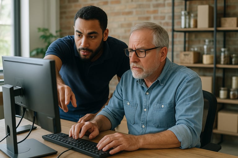 IT technician assisting a small business owner in Sarasota with computer issues, demonstrating hands-on local support