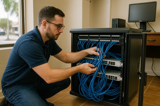 IT technician setting up network equipment for a small business in Sarasota IT technician setting up network equipment for a small business in Sarasota