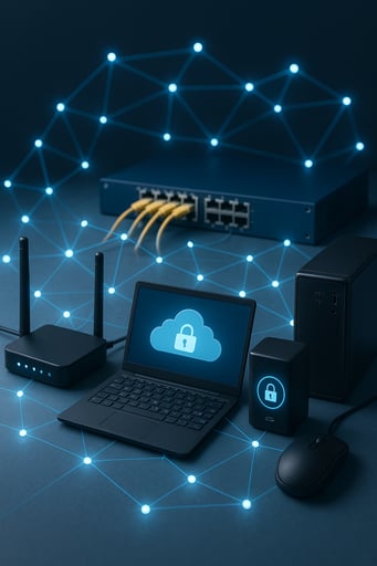 Network infrastructure and IT support visualization showing connected devices and secure backup systems Network infrastructure and IT support visualization showing connected devices and secure backup systems